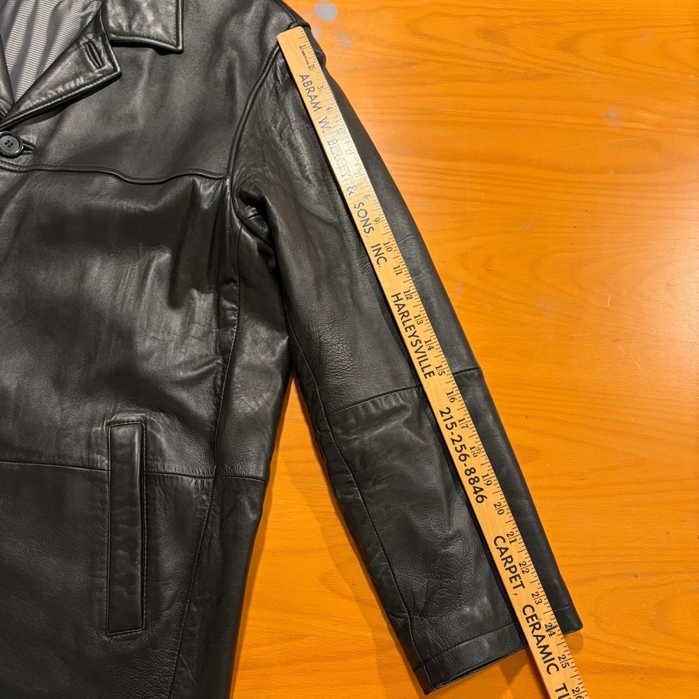 Pronto‎ Uomo Mens XXL Black Leather Jacket Mid Length Overcoat Collar Pockets - Picture 8 of 12